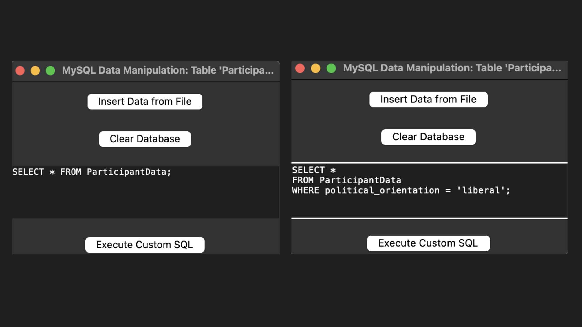 Screenshot of SQL GUI for data filtering